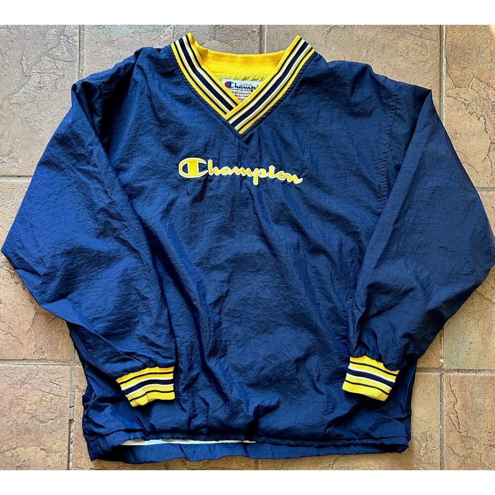 Vintage Champion V-Neck Pullover Windbreaker Navy Yellow